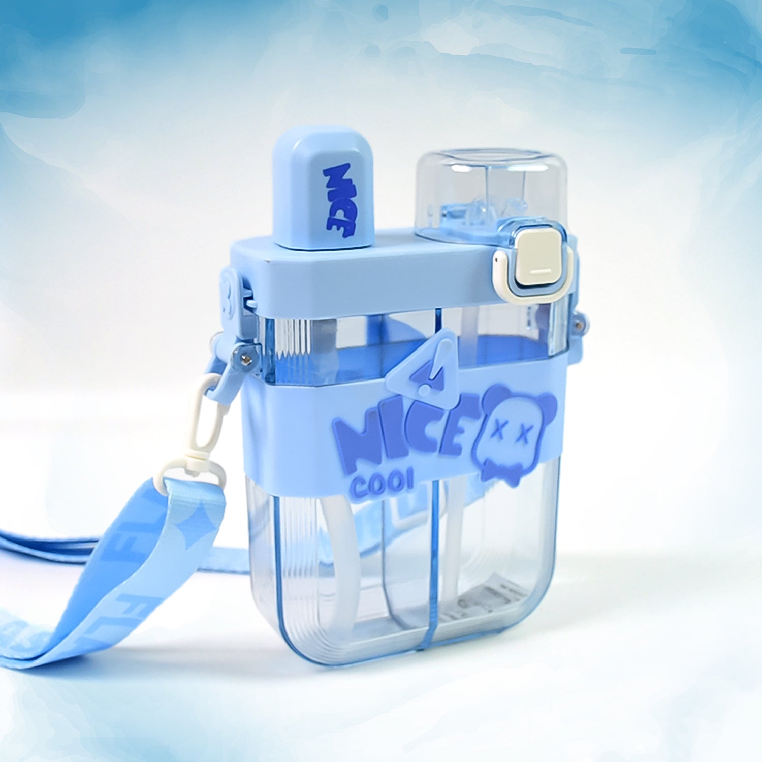 2in1 Dual Compartment Water Bottle with Straw & Shoulder Strap โ Multicolor (1 Pc)