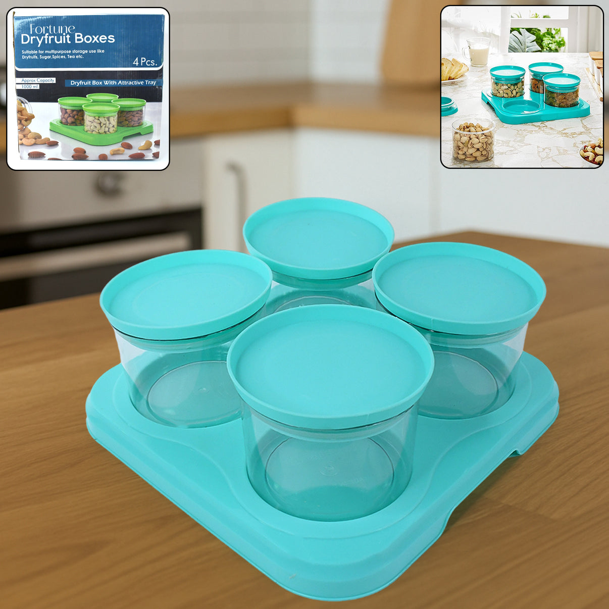 Airtight Container Jar Set – 4 Pc with Stylish Tray (Unbreakable Multipurpose Storage / Mukhwas Dani)