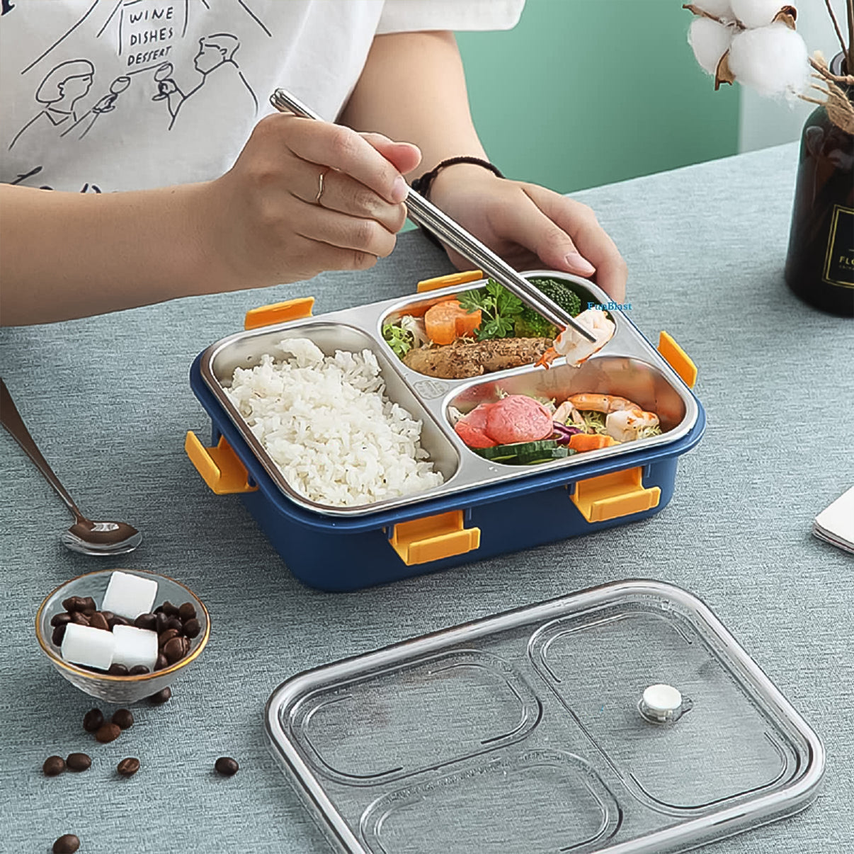 3 Compartment Transparent Stainless Steel Lunch Box With A Spoon And A Pair Of Chopsticks