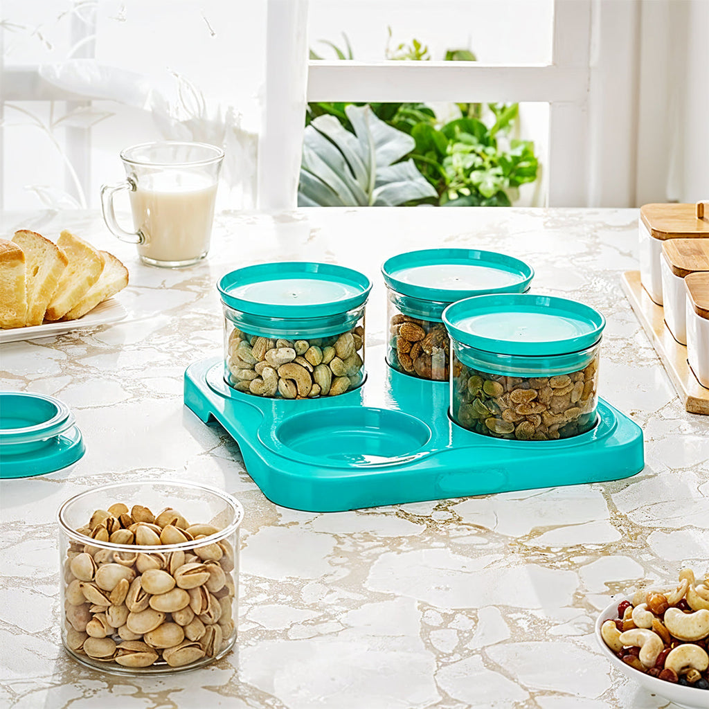 Airtight Container Jar Set – 4 Pc with Stylish Tray (Unbreakable Multipurpose Storage / Mukhwas Dani)