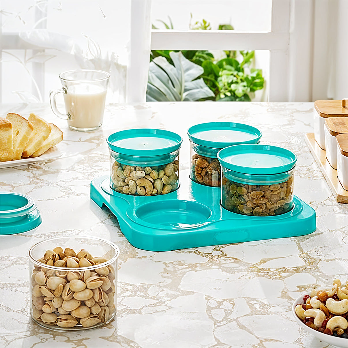 Airtight Container Jar Set – 4 Pc with Stylish Tray (Unbreakable Multipurpose Storage / Mukhwas Dani)
