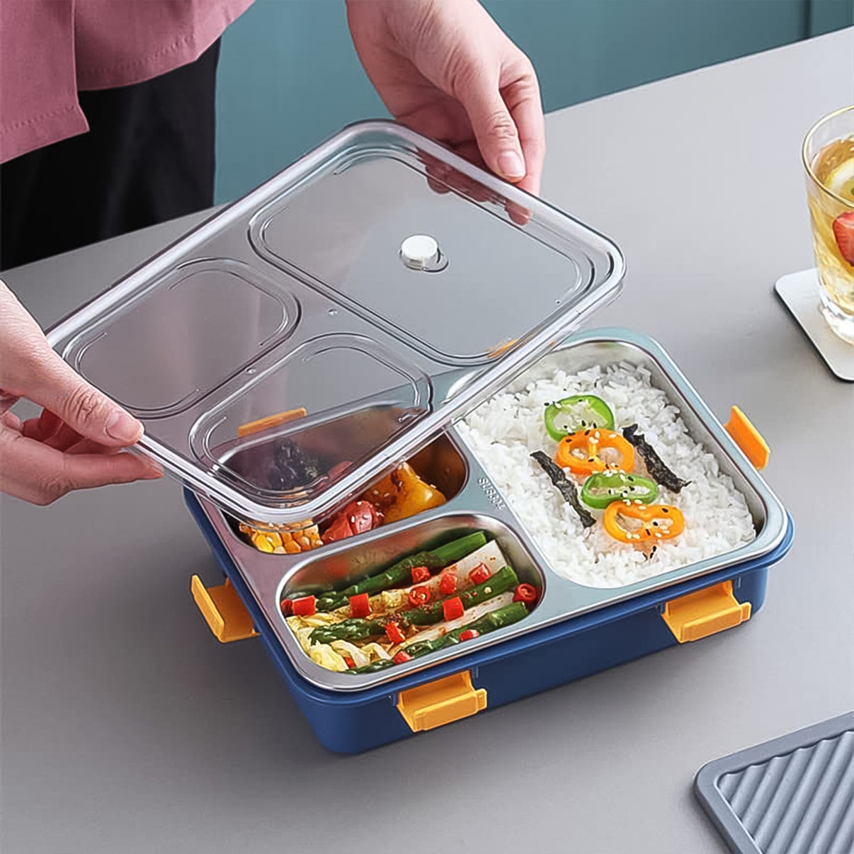 3 Compartment Transparent Stainless Steel Lunch Box With A Spoon And A Pair Of Chopsticks