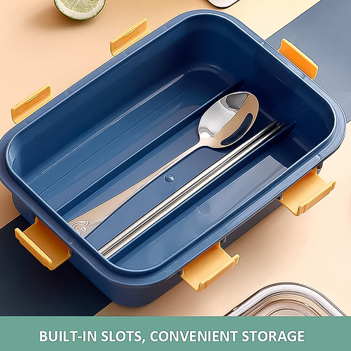3 Compartment Transparent Stainless Steel Lunch Box With A Spoon And A Pair Of Chopsticks