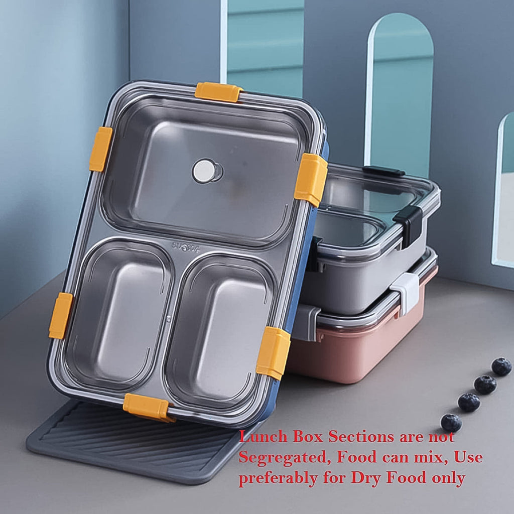 3 Compartment Transparent Stainless Steel Lunch Box With A Spoon And A Pair Of Chopsticks