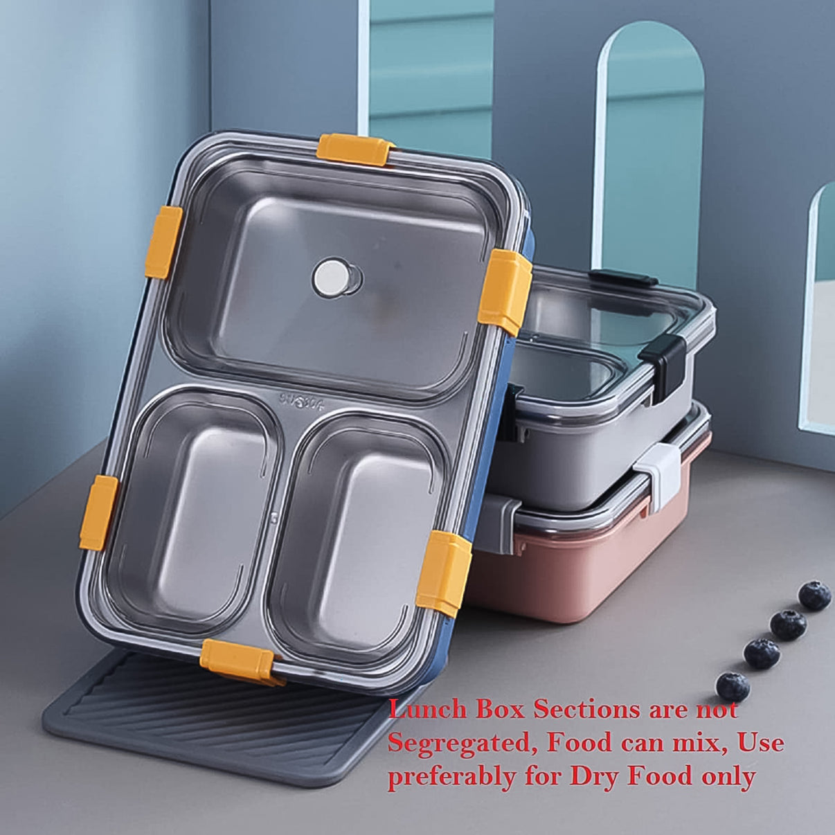 3 Compartment Transparent Stainless Steel Lunch Box With A Spoon And A Pair Of Chopsticks