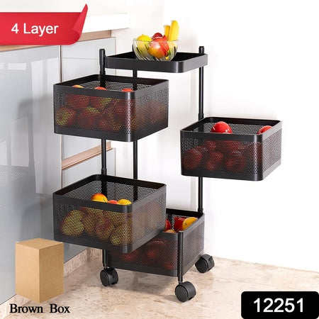 Metal Square Kitchen Trolley with Wheels – 4 Layer Rotating Storage Rack for Vegetables & Fruits (1 Pc)
