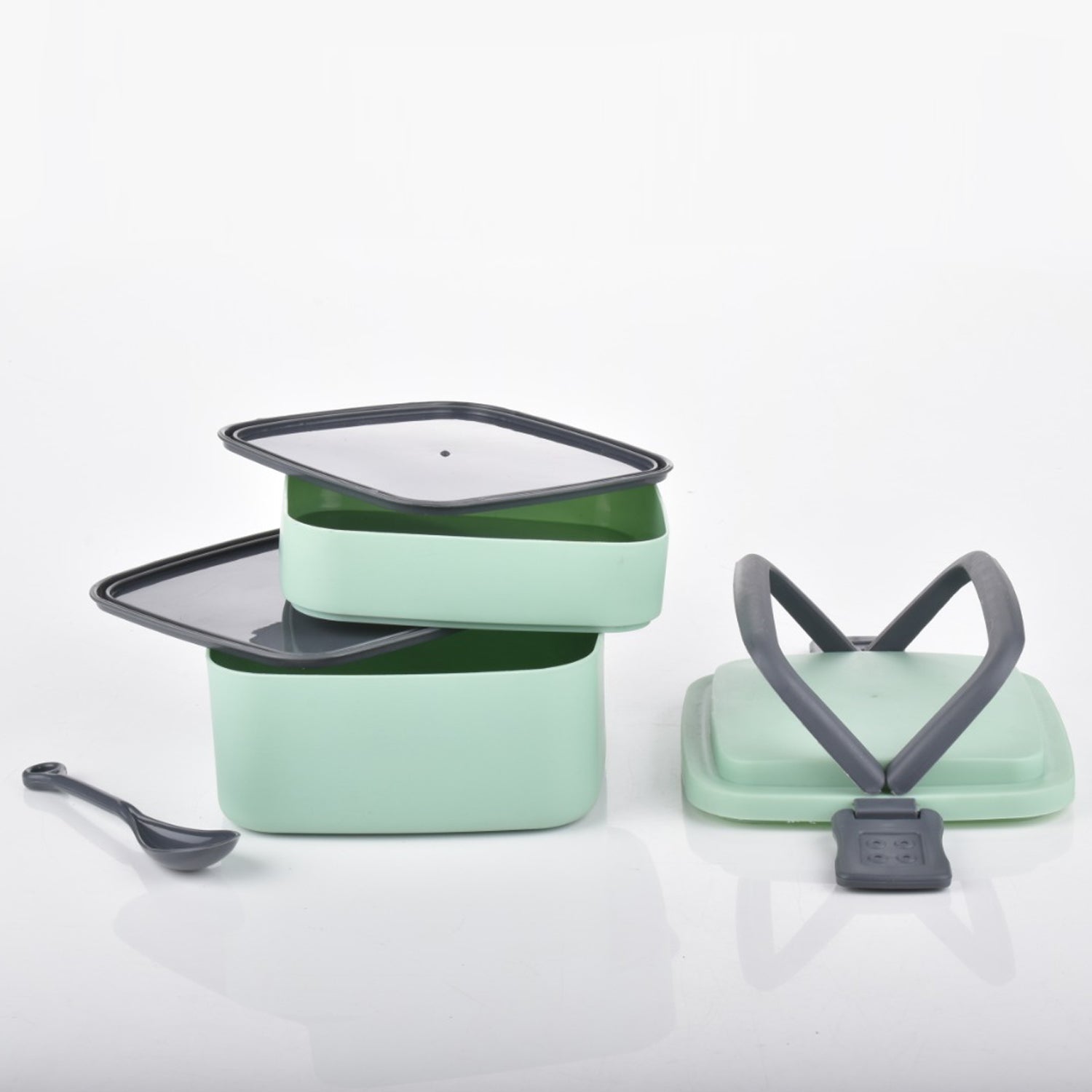 Green Double-Layer Portable Lunch Box – Stackable with Handle & Spoon (2 Compartments)