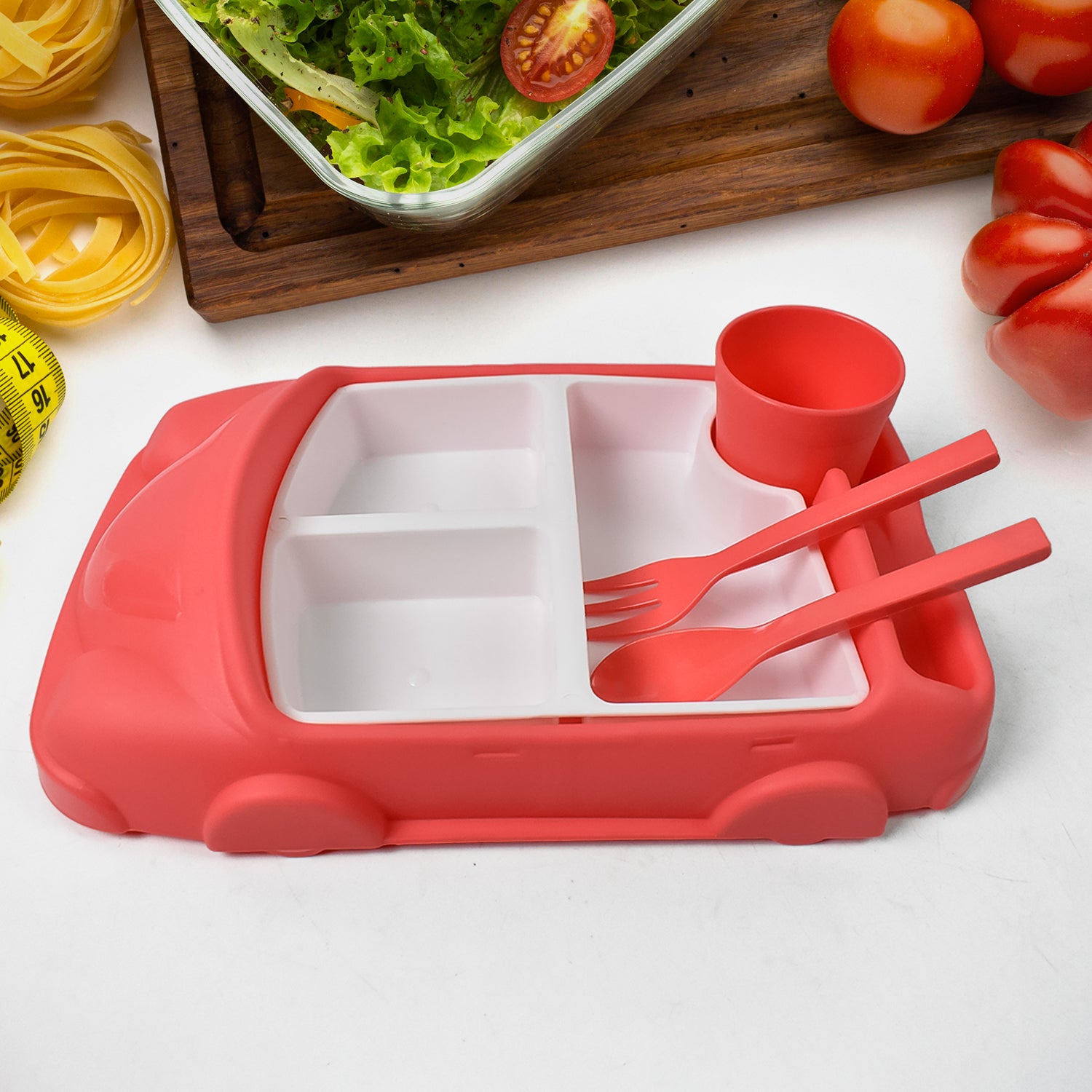 Kid's Car-Shaped Plates Cup & Lunch Box Dinnerware Set – 4 Pc Feeding Tableware with Spoon & Fork | 1000 ML