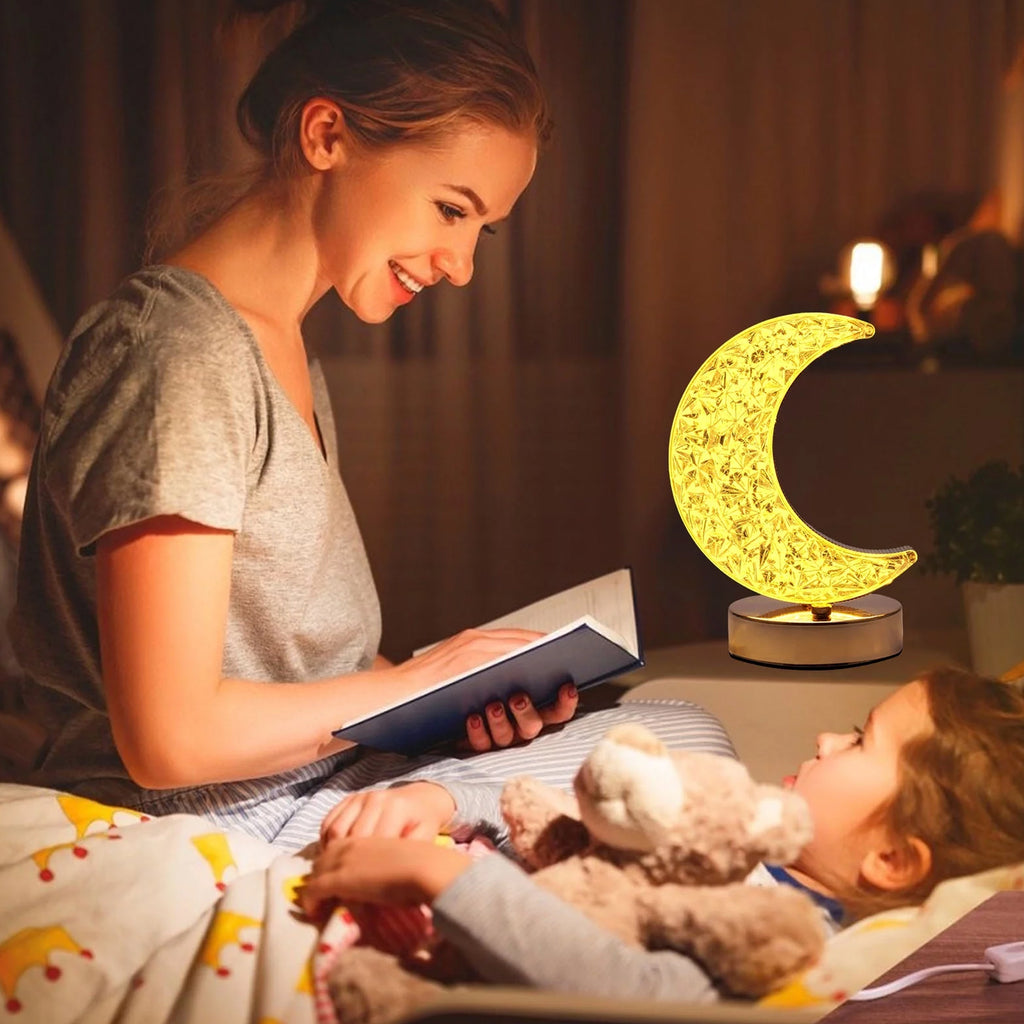 Crystal Table Lamp – Moon Shape Touch Control with 3 Colors & Stepless Dimming (USB Charging)