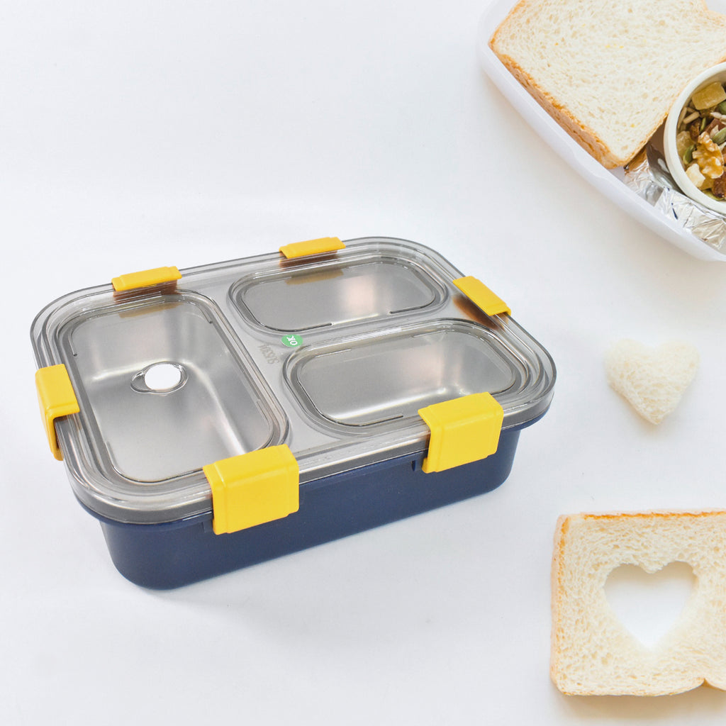 3-Compartment Transparent Stainless Steel Lunch Box – Leak-Proof Tiffin for Kids & Adults (Office, School, Travel Use)