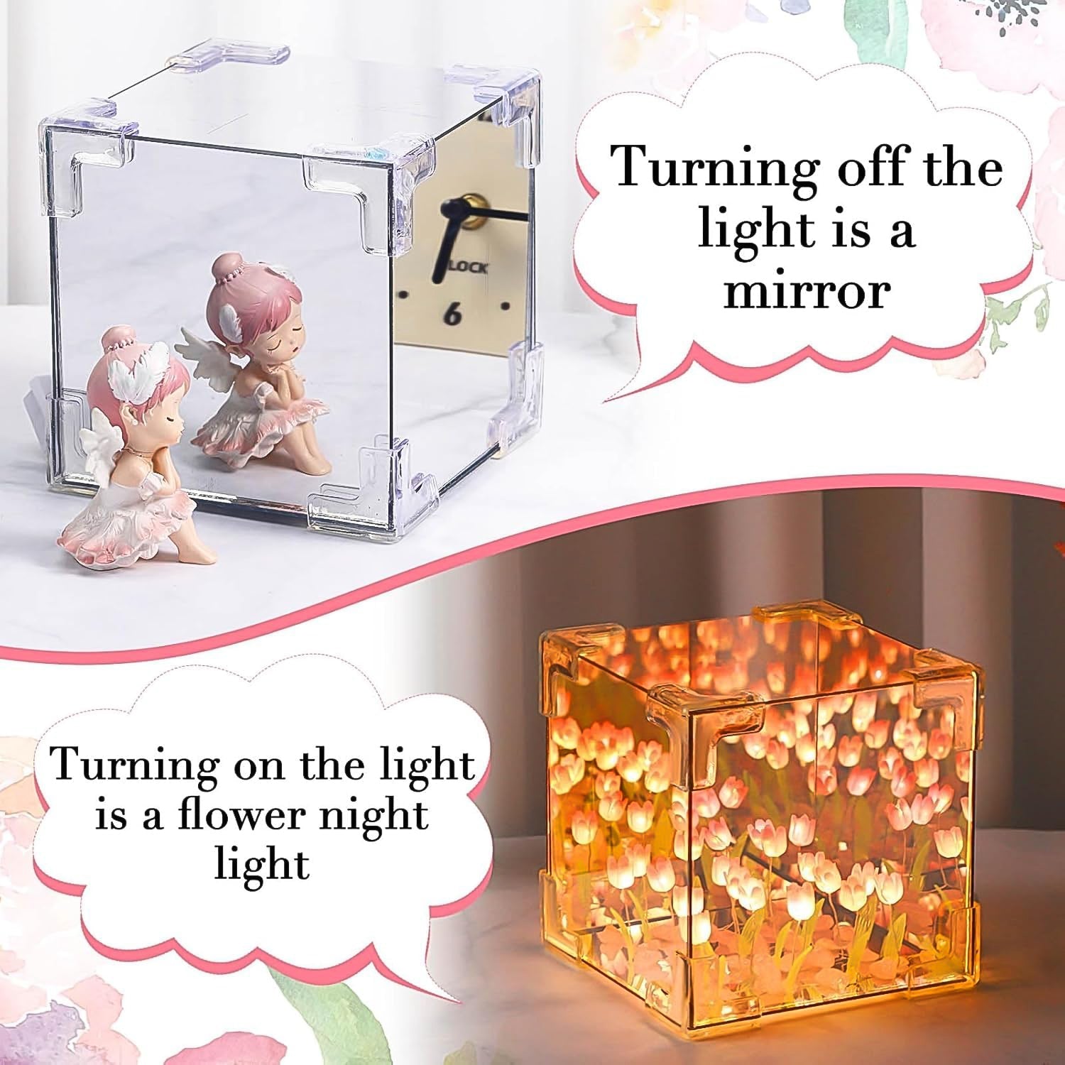 Cube Tulip Night Lamp – 2-in-1 Mirror & LED Flower Light (Multicolor | 1 Set)