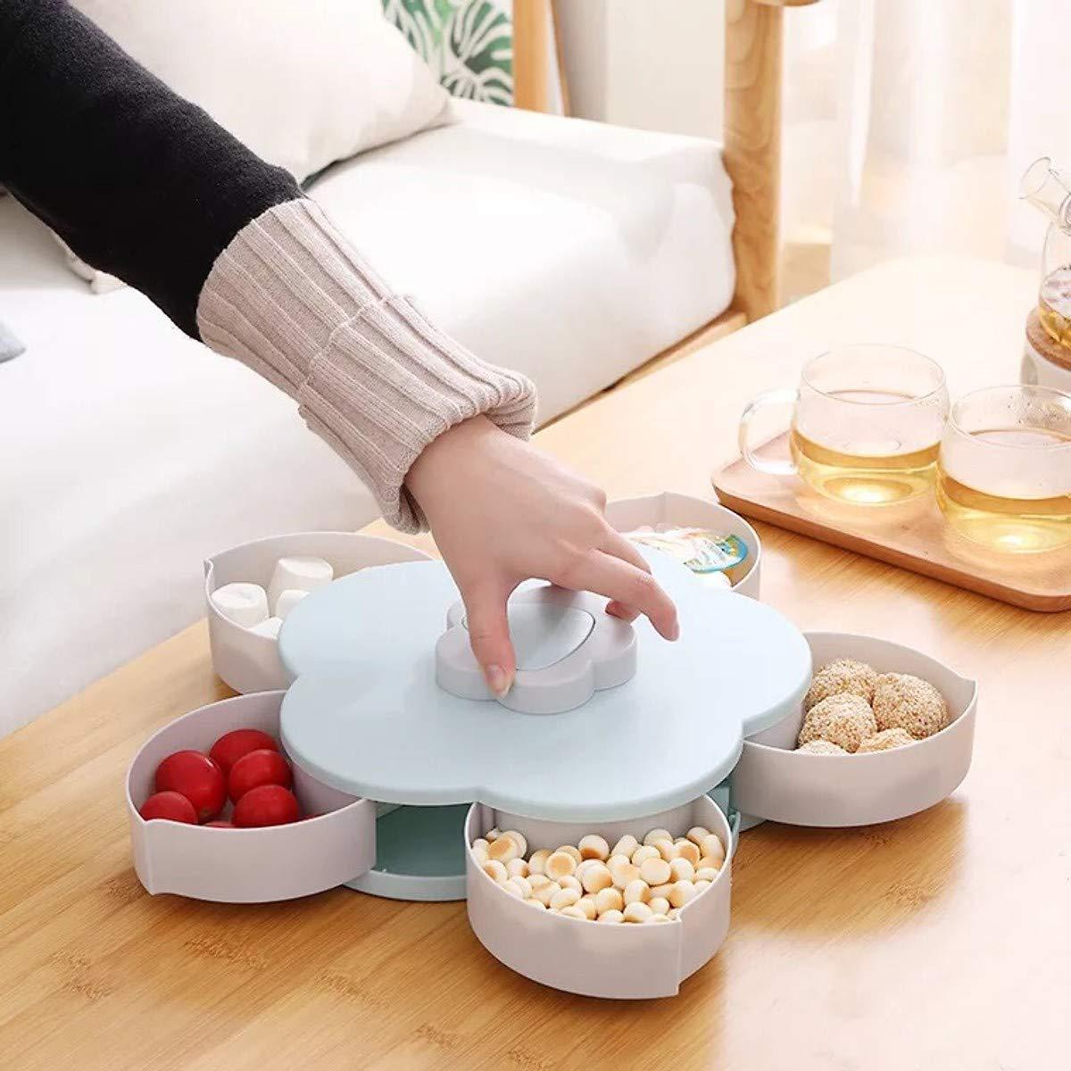 Petal-Shaped Rotating Snack & Dry Fruit Storage Box – 5 Grid Candy Tray (27×9.5 cm)