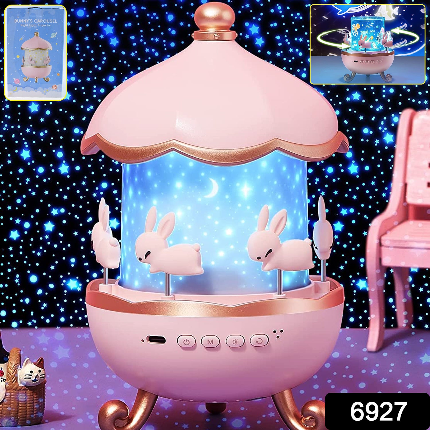 🌙 Bunny’s Carousel Rotating LED Night Light Projector with Music – USB Rechargeable