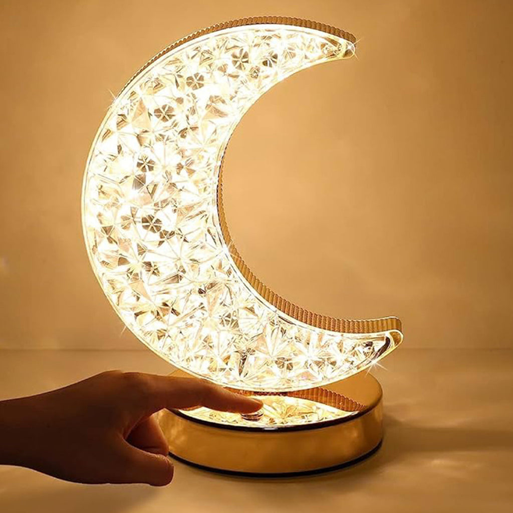 Crystal Table Lamp – Moon Shape Touch Control with 3 Colors & Stepless Dimming (USB Charging)