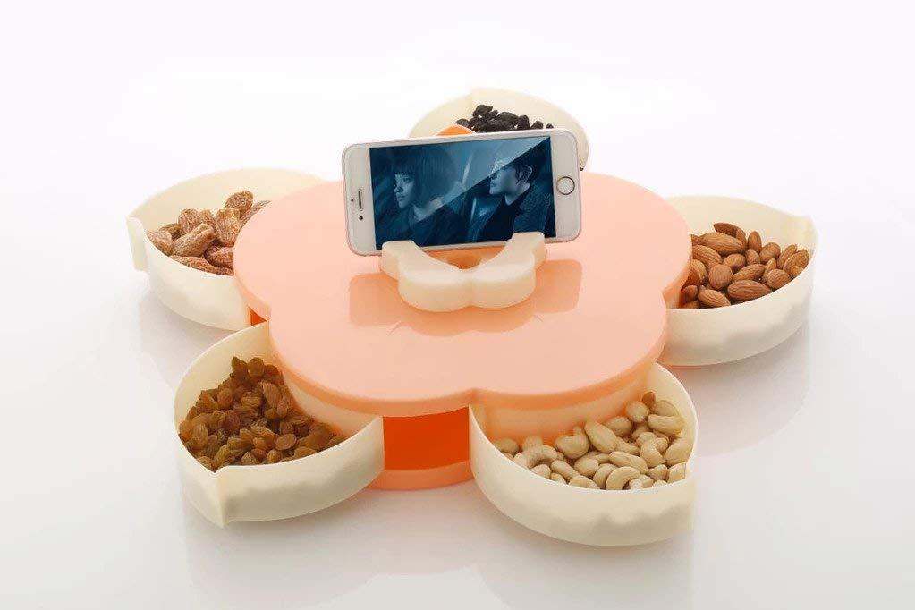 Petal-Shaped Rotating Snack & Dry Fruit Storage Box – 5 Grid Candy Tray (27×9.5 cm)