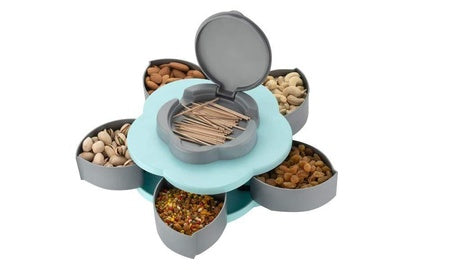 Petal-Shaped Rotating Snack & Dry Fruit Storage Box – 5 Grid Candy Tray (27×9.5 cm)