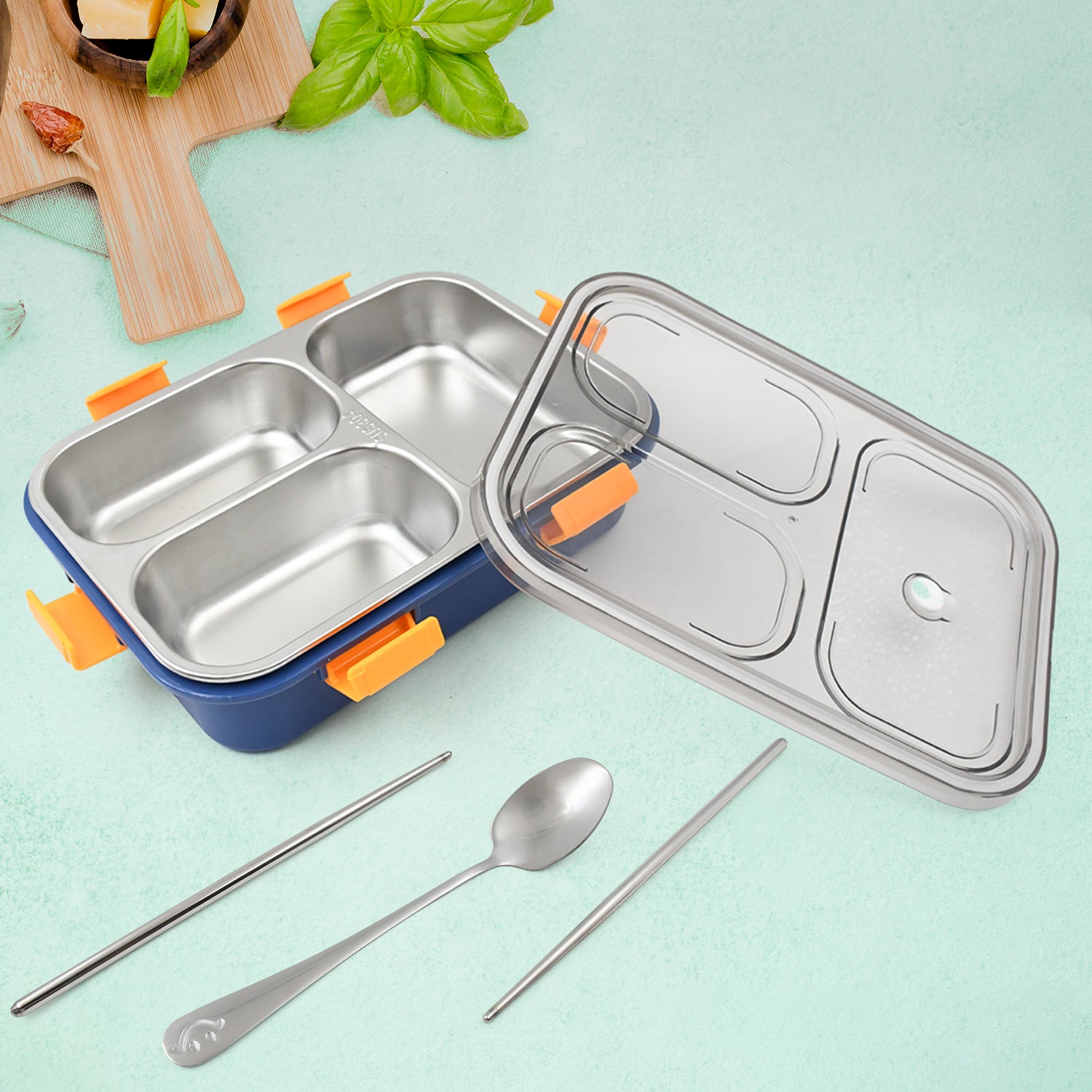3 Compartment Transparent Stainless Steel Lunch Box With A Spoon And A Pair Of Chopsticks