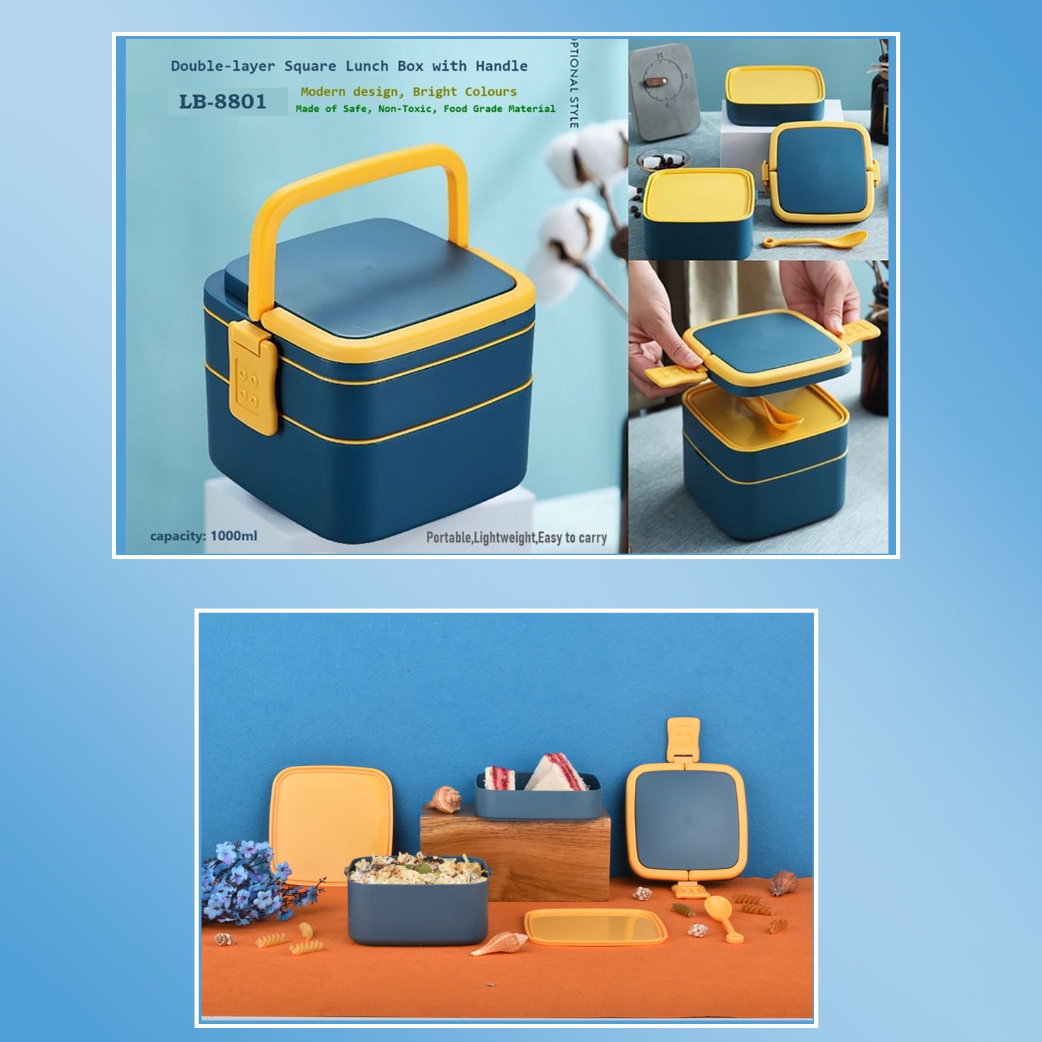 Blue Double-Layer Lunch Box – Stackable, BPA-Free with Handle & Spoon (2 Compartments, Portable Design)