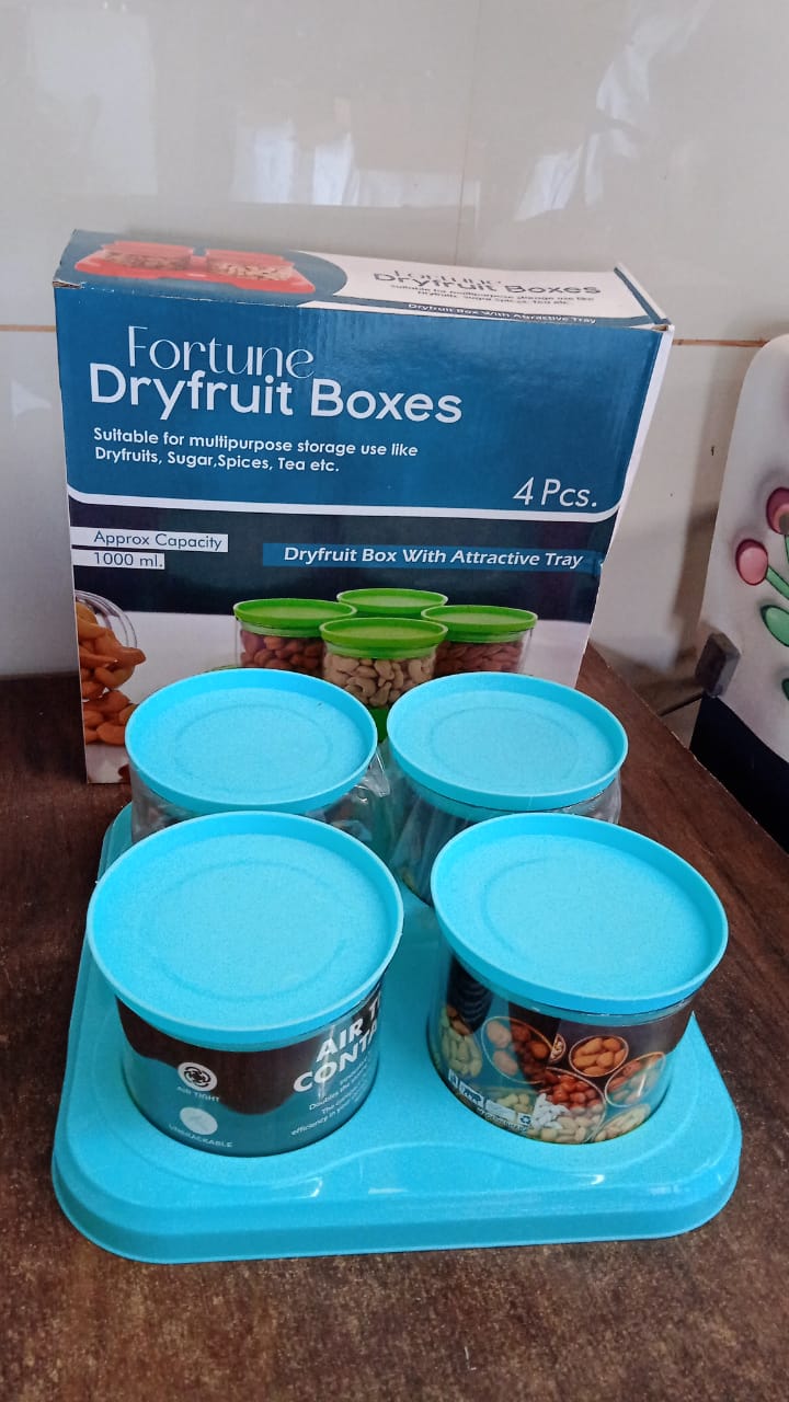 Airtight Container Jar Set – 4 Pc with Stylish Tray (Unbreakable Multipurpose Storage / Mukhwas Dani)