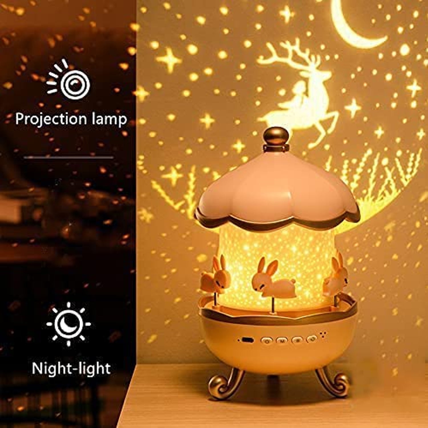 🌙 Bunny’s Carousel Rotating LED Night Light Projector with Music – USB Rechargeable