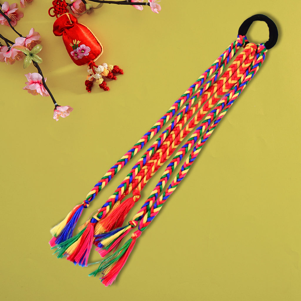 Traditional Multicolor Braided Hair Extension with Tassels - Ethnic Hair Accessory