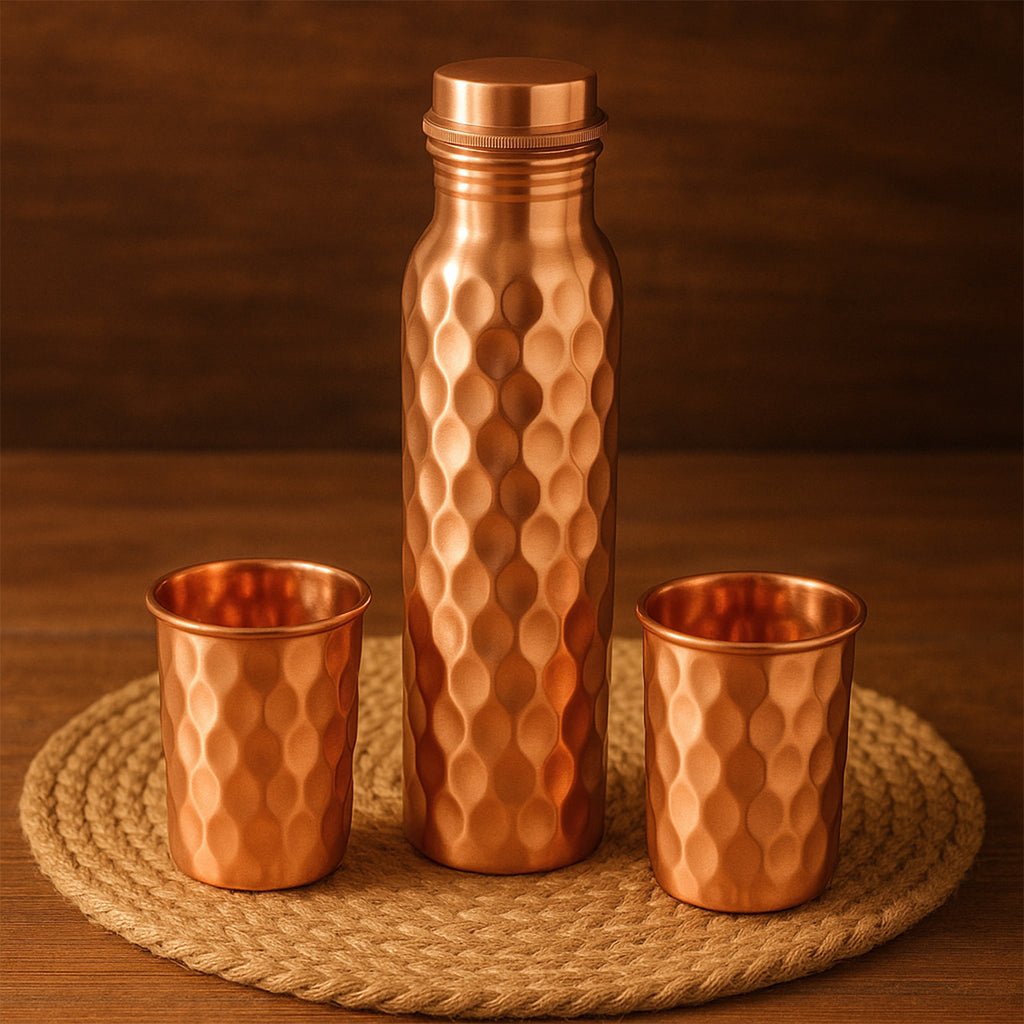 Copper Water Bottle Gift Set – 1000ml Bottle + 2 Glasses with Gift Box & Carry Bag (3 Pc Set, Honeycomb Design)