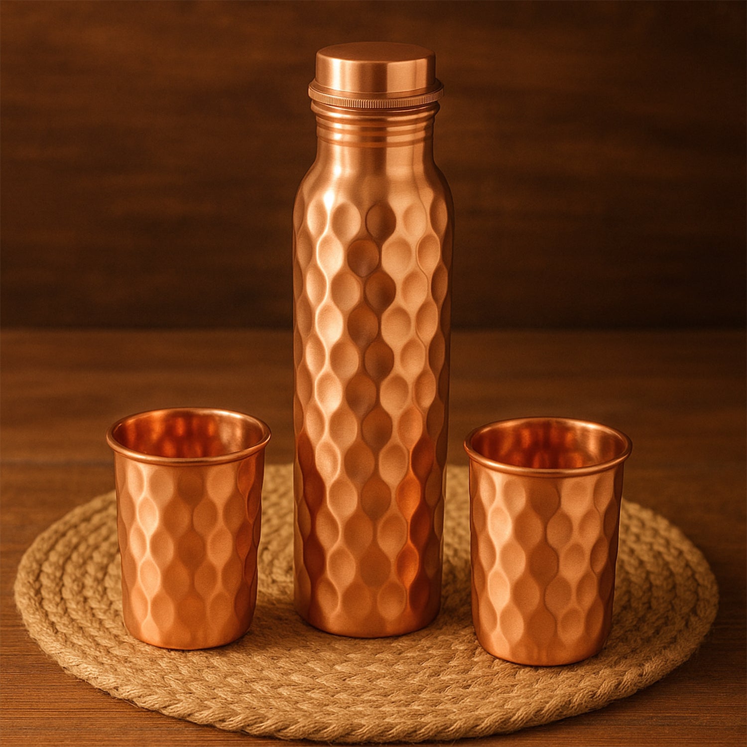 Copper Water Bottle Gift Set – 1000ml Bottle + 2 Glasses with Gift Box & Carry Bag (3 Pc Set, Honeycomb Design)