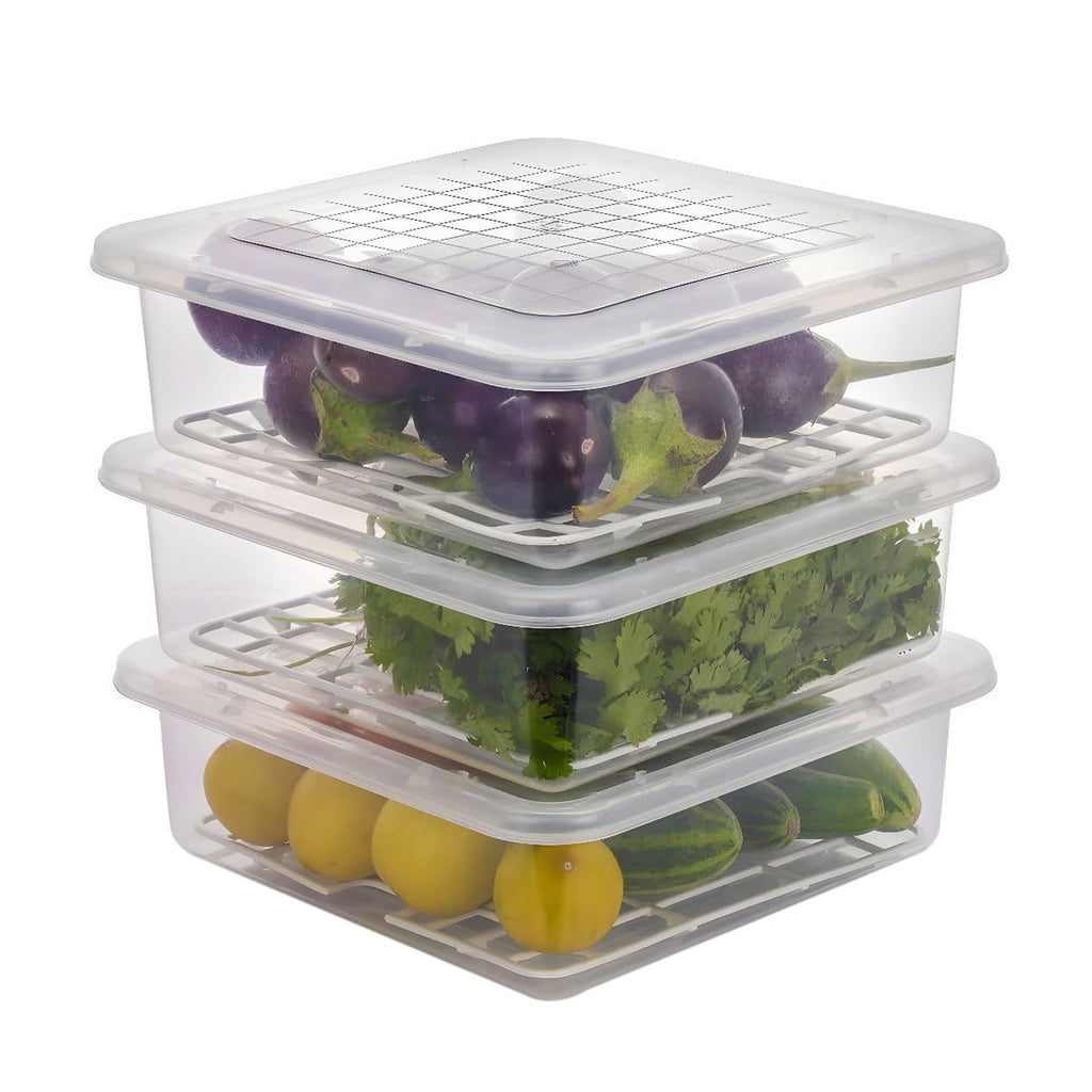 Plastic Food Storage Containers – Stackable Fridge Organizer with Drain Tray & Lid (3 Pc Set)