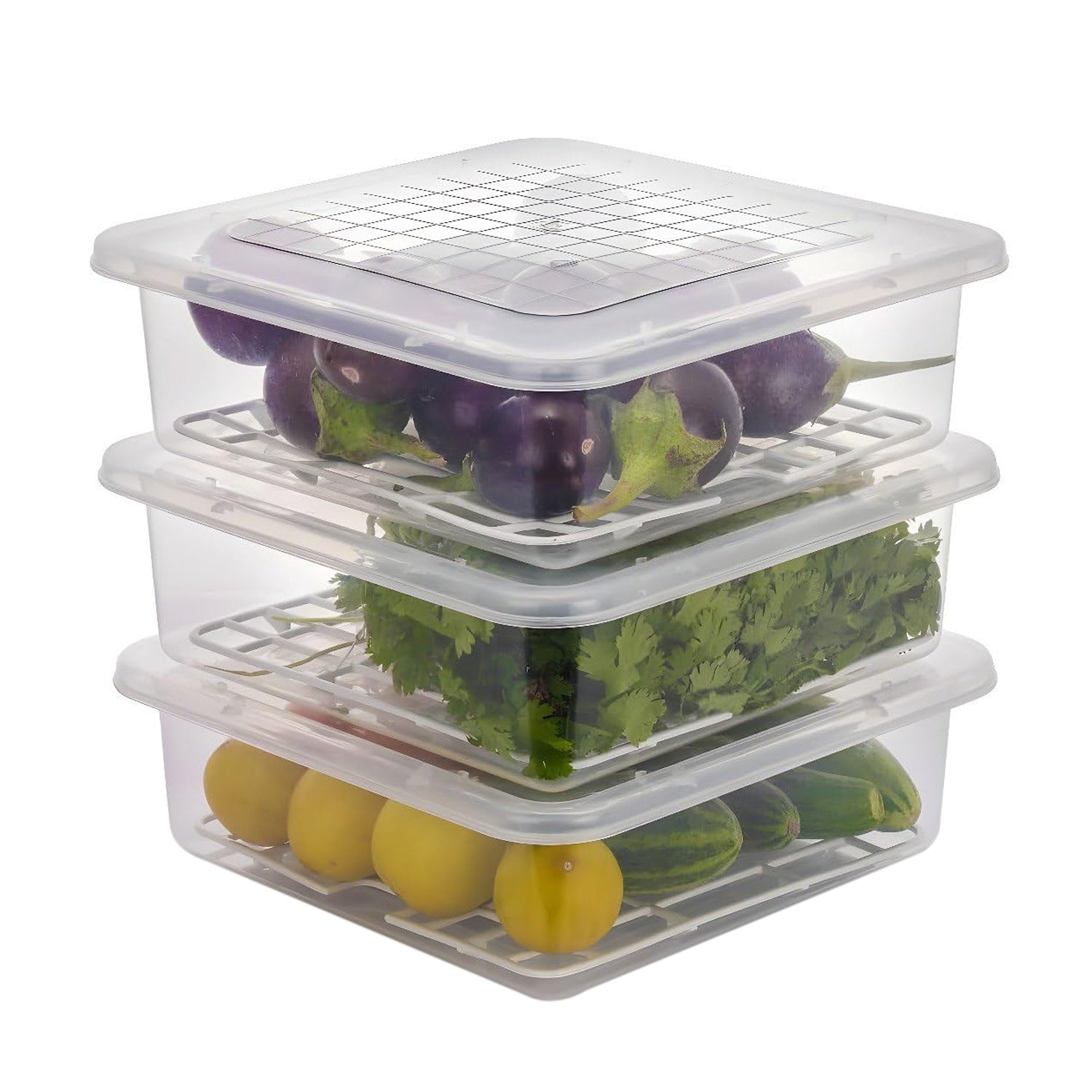 Plastic Food Storage Containers – Stackable Fridge Organizer with Drain Tray & Lid (3 Pc Set)