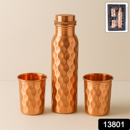 Copper Water Bottle Gift Set – 1000ml Bottle + 2 Glasses with Gift Box & Carry Bag (3 Pc Set, Honeycomb Design)