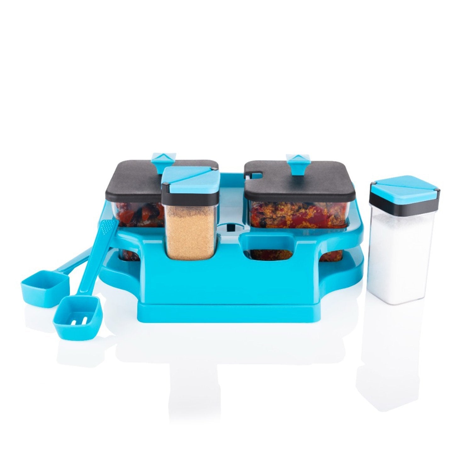 Multipurpose 4-Piece Spice & Achar Jar Set – Transparent Containers with Spoons & Tray Holder