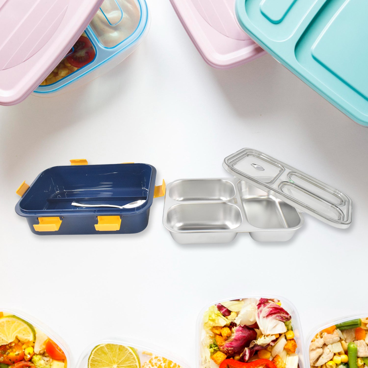 3-Compartment Transparent Stainless Steel Lunch Box – Leak-Proof Tiffin for Kids & Adults (Office, School, Travel Use)