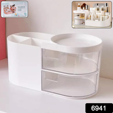 Multi-Functional Plastic Vanity Storage Box with Rotating Tray & Dual Drawers – Makeup & Cosmetic Organizer (Elegant White)