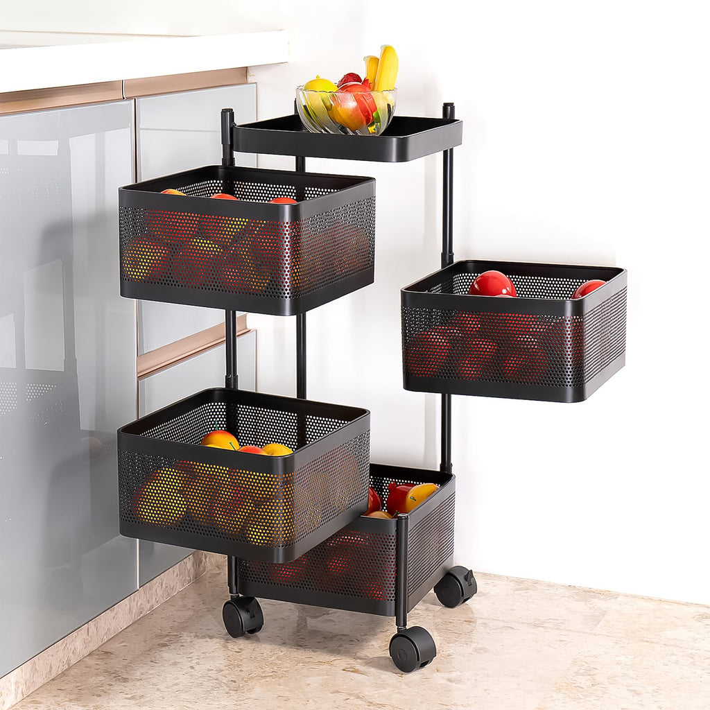 Metal Square Kitchen Trolley with Wheels – 4 Layer Rotating Storage Rack for Vegetables & Fruits (1 Pc)