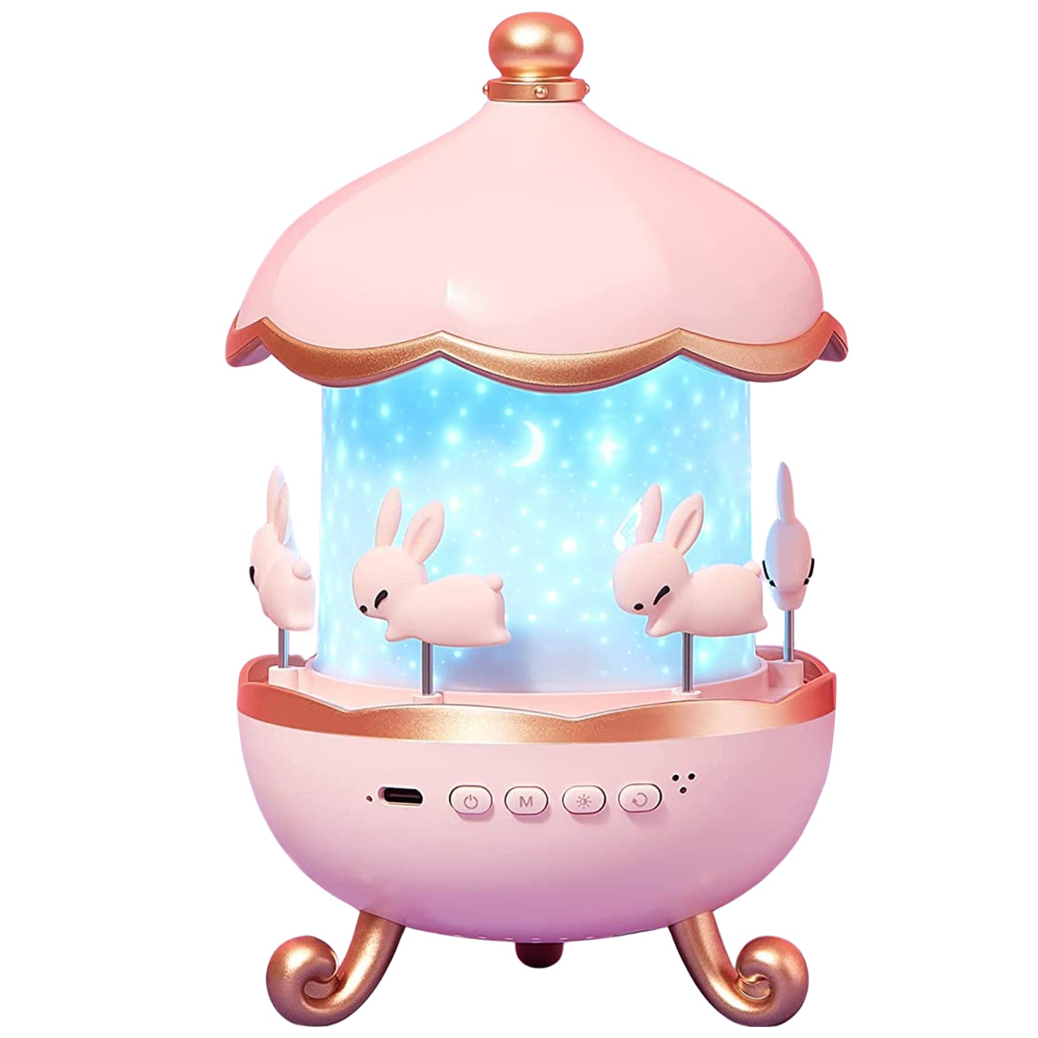 🌙 Bunny’s Carousel Rotating LED Night Light Projector with Music – USB Rechargeable