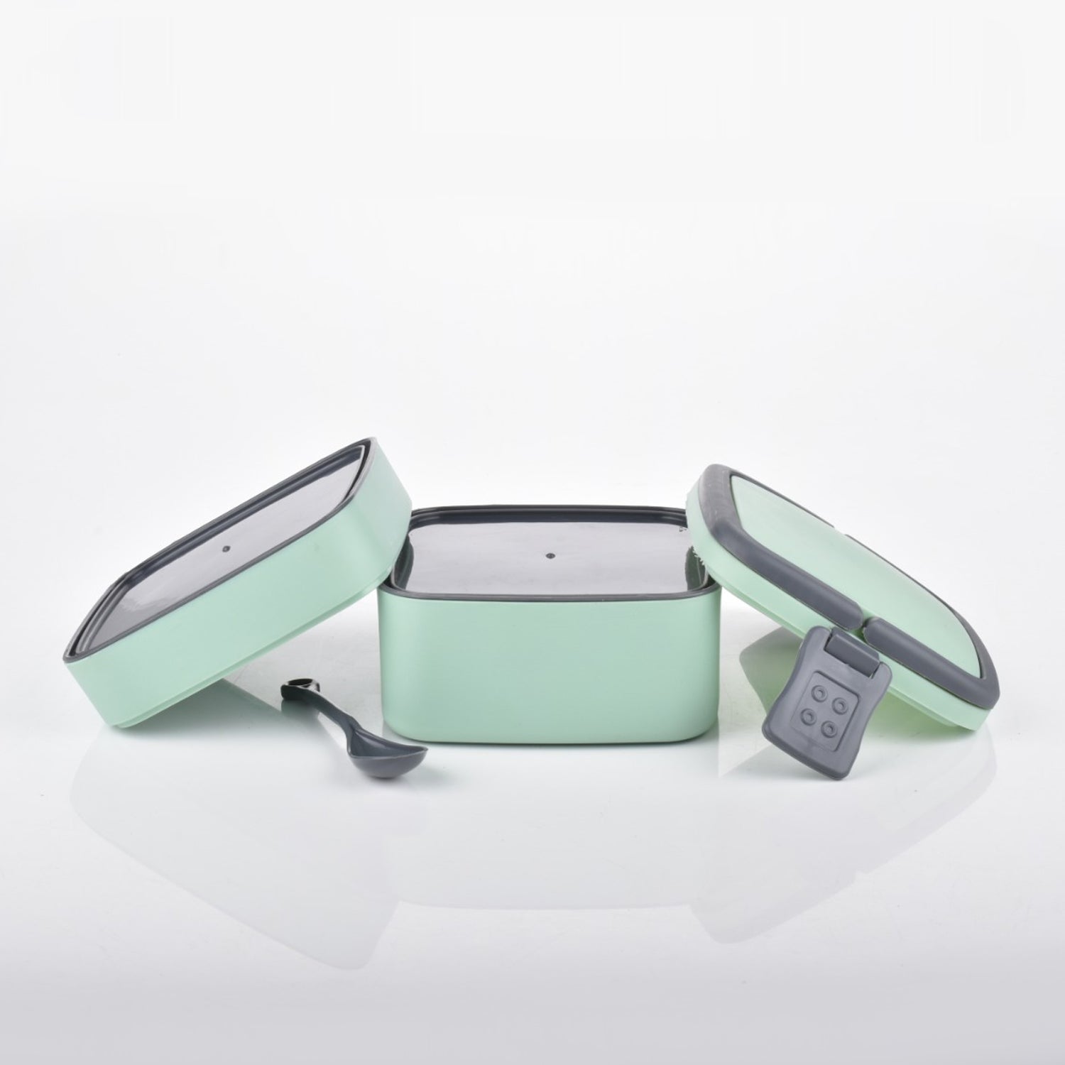 Green Double-Layer Portable Lunch Box – Stackable with Handle & Spoon (2 Compartments)