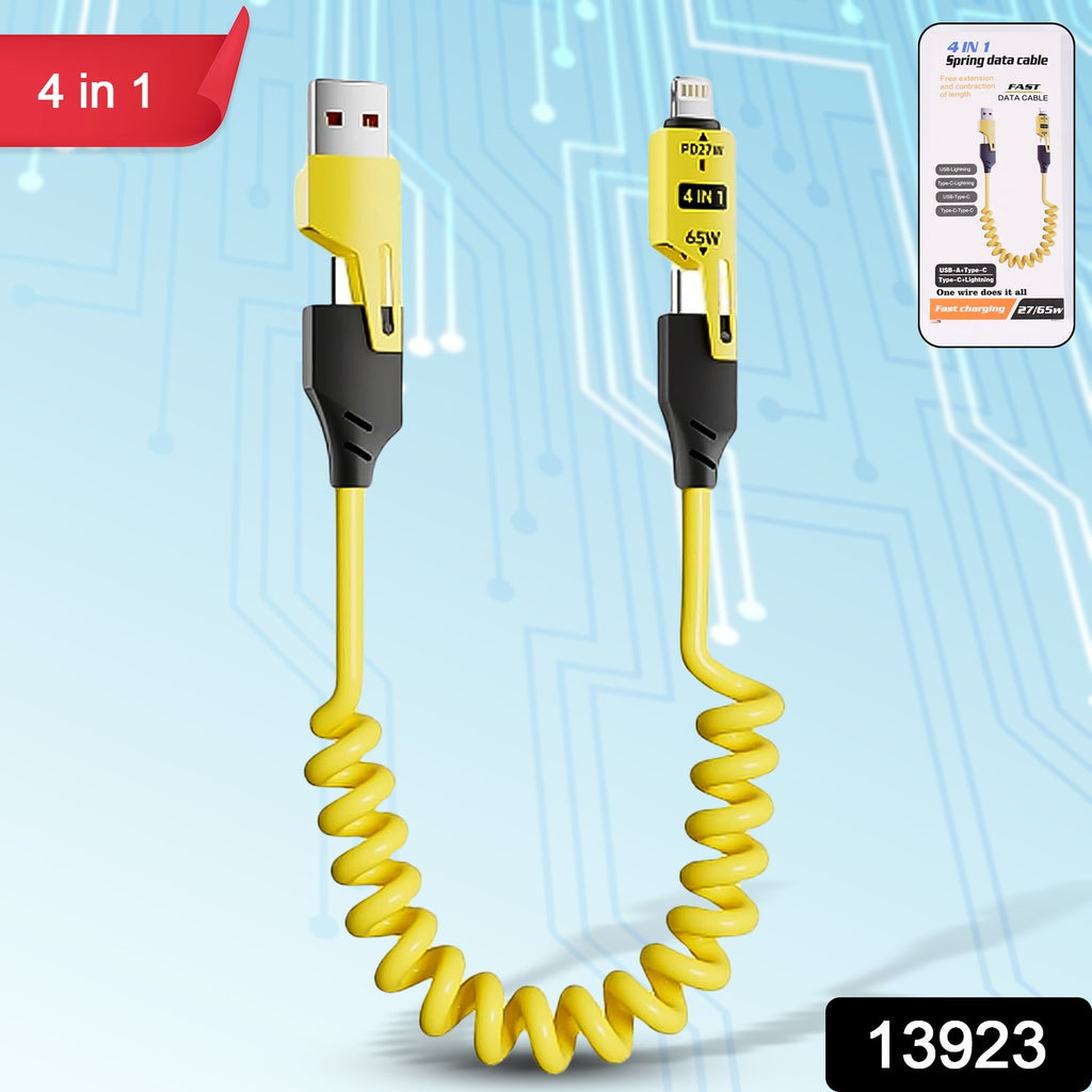 4 in 1 Spring Fast Charging Cable – 65W Retractable Multi-Device Charger (1 Pc / 1.5 Mtr)