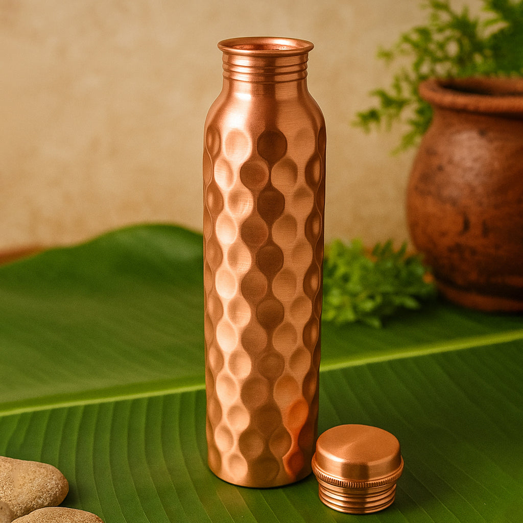Copper Water Bottle Gift Set – 1000ml Bottle + 2 Glasses with Gift Box & Carry Bag (3 Pc Set, Honeycomb Design)