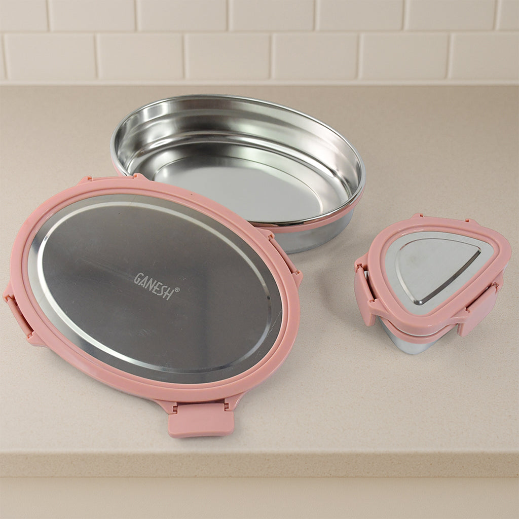 Ganesh Classy 2-Piece Lunch Box – Oval & Triangle Stainless Steel Tiffin with Clip-Lock Lids (Elegant Pink, 800ml + 180ml)