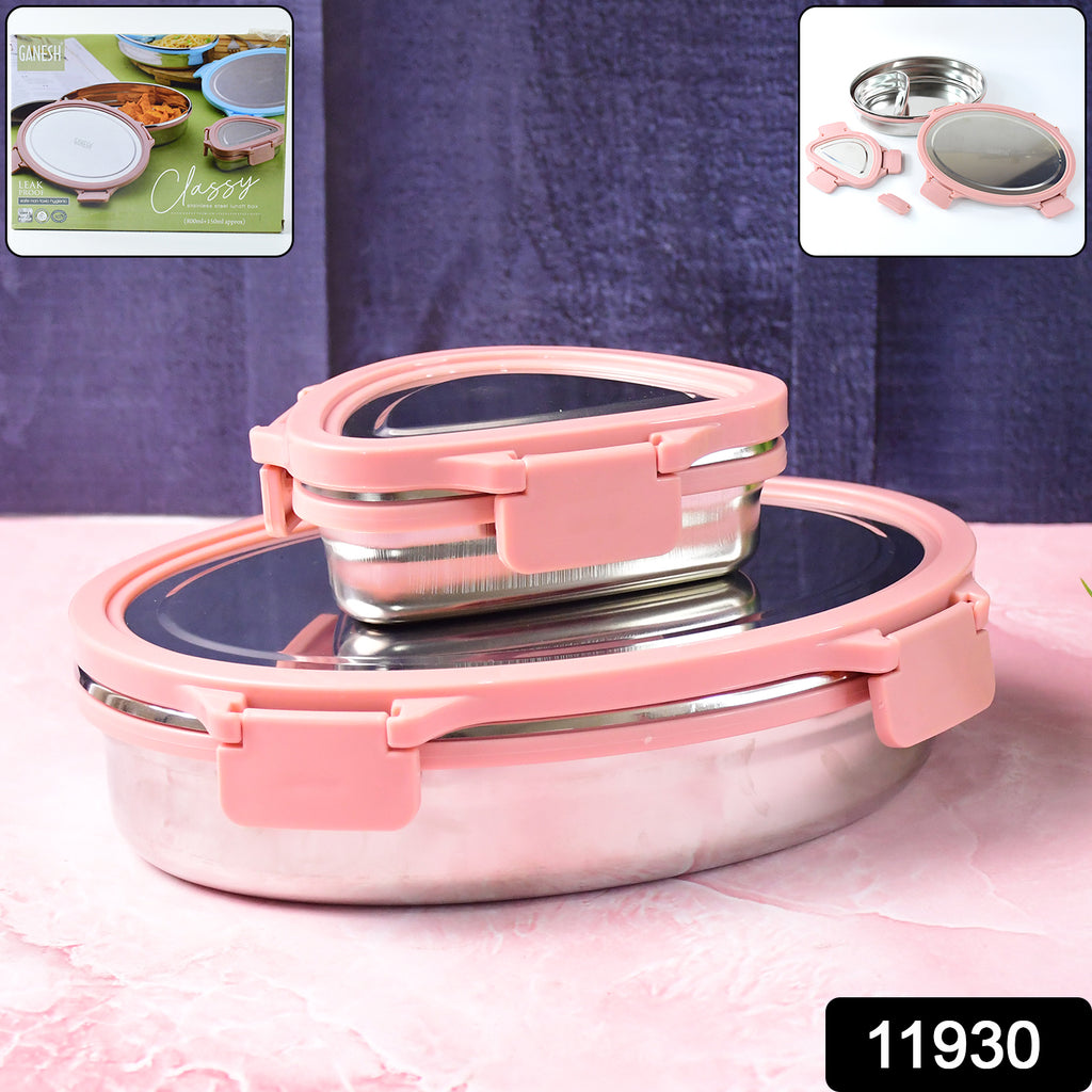 Ganesh Classy 2-Piece Lunch Box – Oval & Triangle Stainless Steel Tiffin with Clip-Lock Lids (Elegant Pink, 800ml + 180ml)