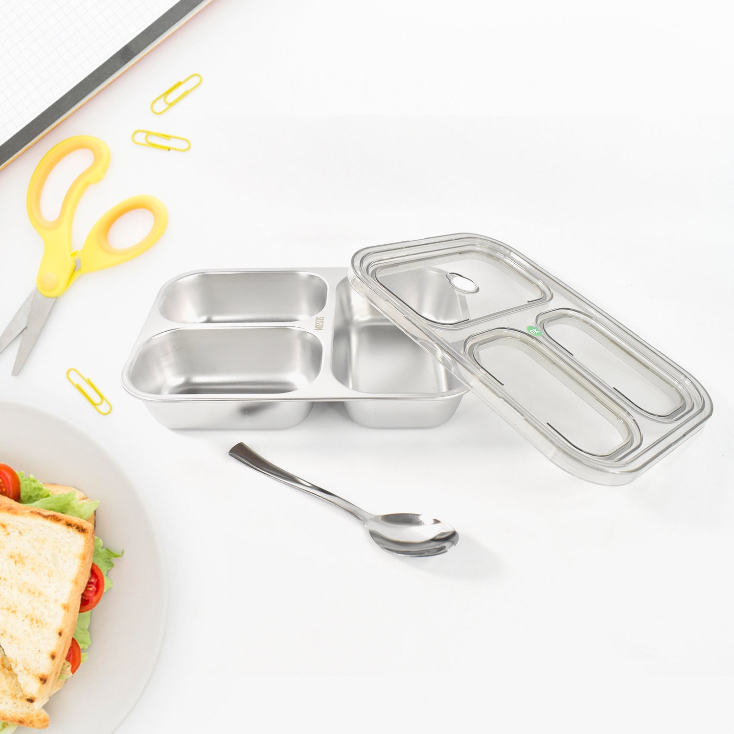 3-Compartment Transparent Stainless Steel Lunch Box – Leak-Proof Tiffin for Kids & Adults (Office, School, Travel Use)