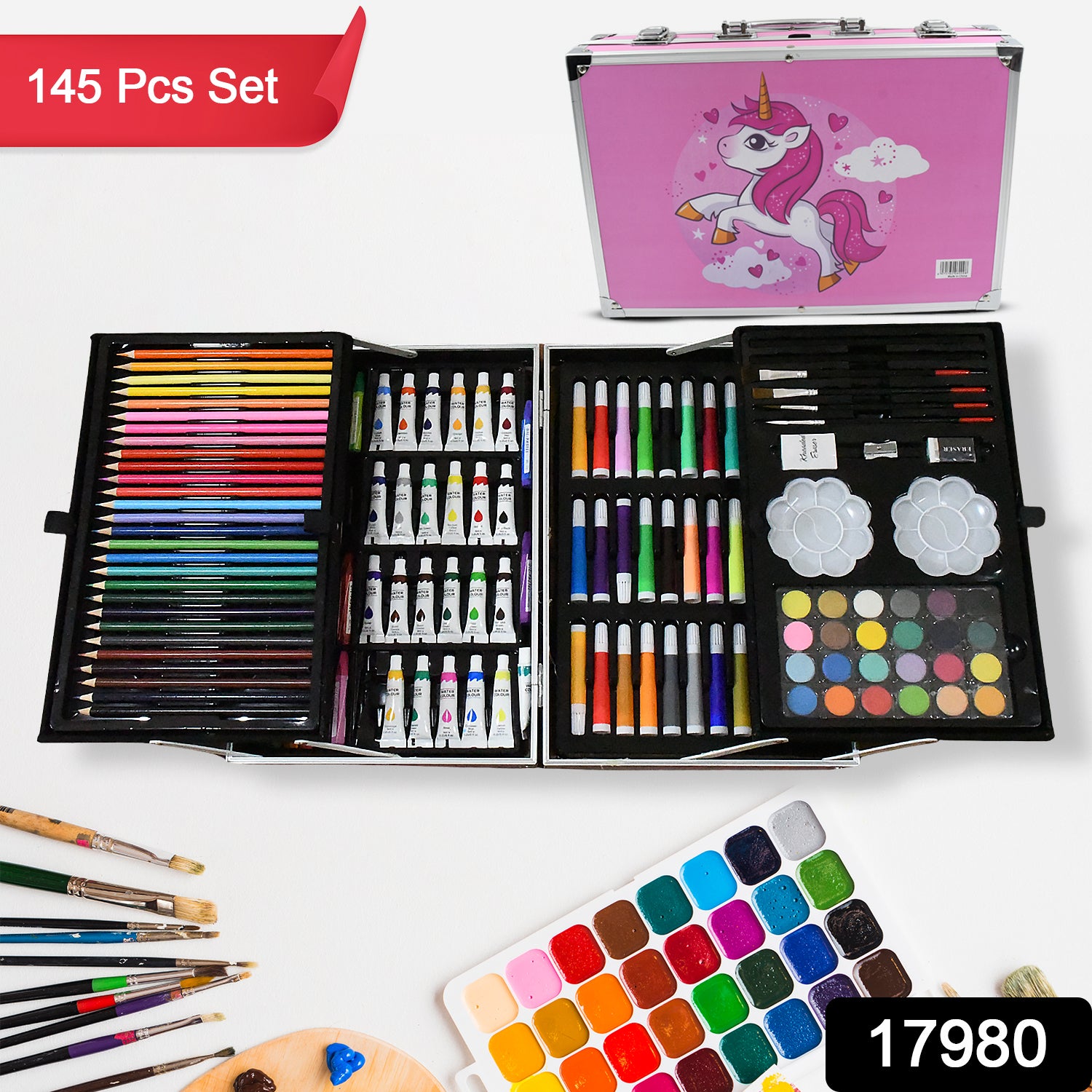🦄 145-Piece Unicorn Kids Art Set – Sketch, Color &amp; Paint in All-in-1 Aluminum Case