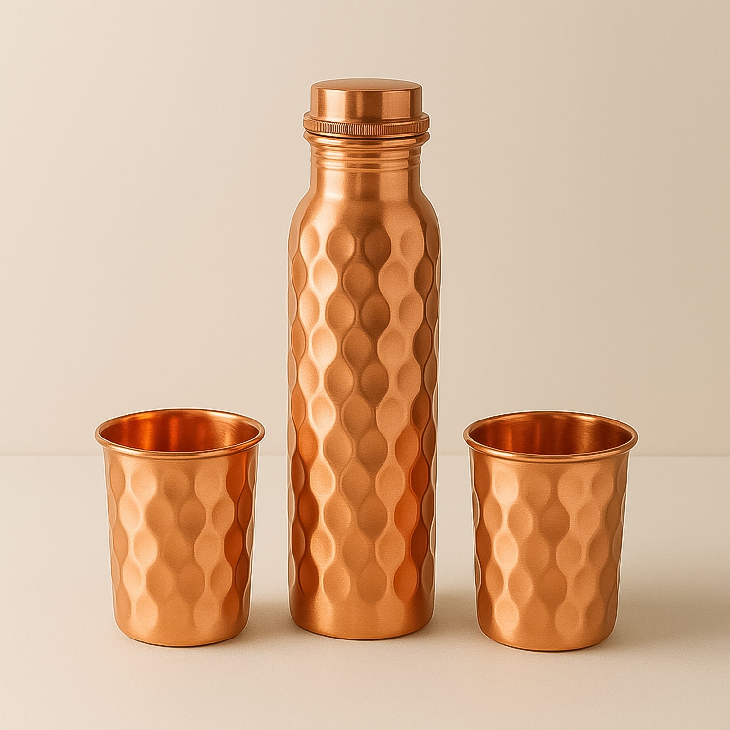 Copper Water Bottle Gift Set – 1000ml Bottle + 2 Glasses with Gift Box & Carry Bag (3 Pc Set, Honeycomb Design)