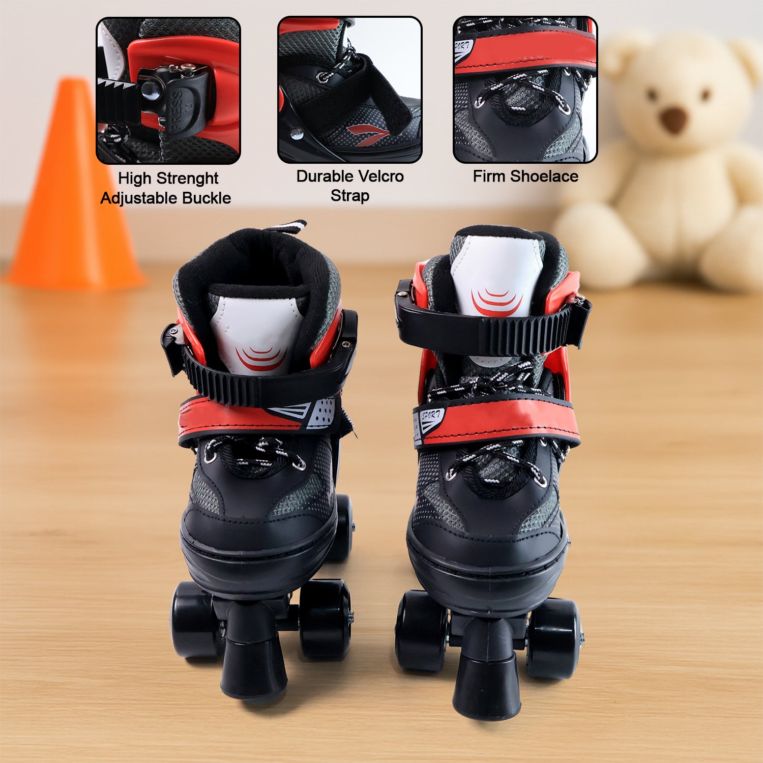 Adjustable Quad Roller Skates for Kids – PU Wheels, Toe Brake & Triple Lock System