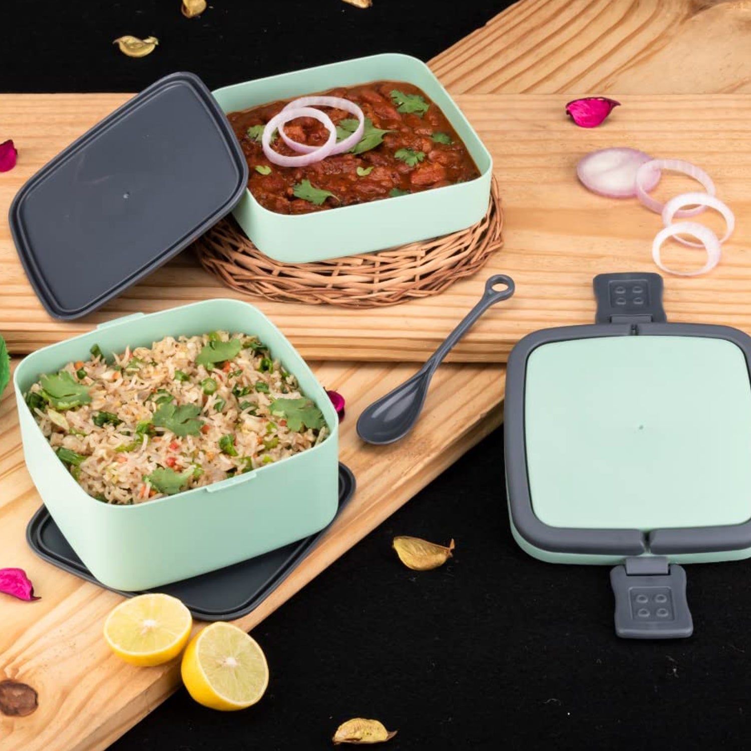 Green Double-Layer Portable Lunch Box – Stackable with Handle & Spoon (2 Compartments)