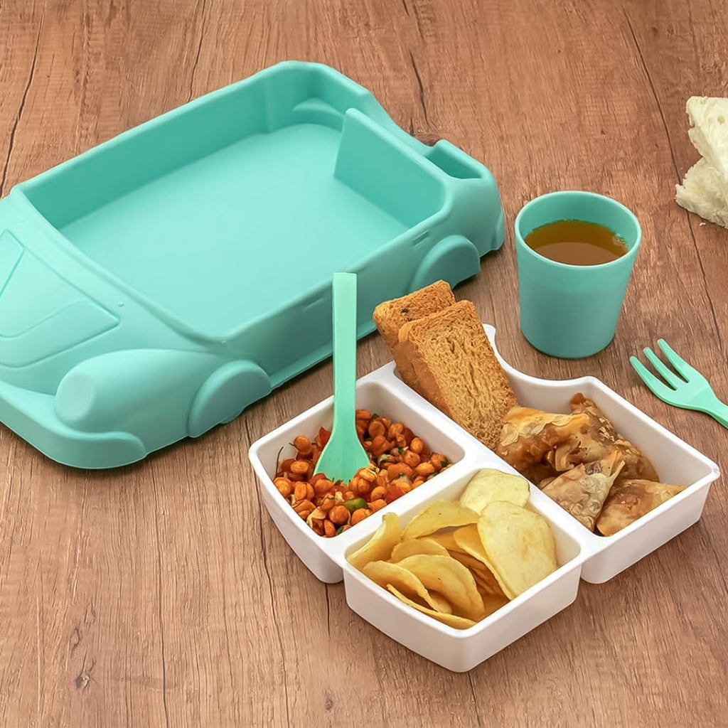Kid's Car-Shaped Plates Cup & Lunch Box Dinnerware Set – 4 Pc Feeding Tableware with Spoon & Fork | 1000 ML