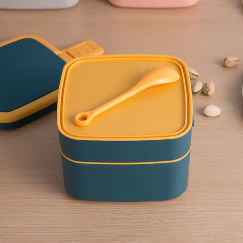 Blue Double-Layer Lunch Box – Stackable, BPA-Free with Handle & Spoon (2 Compartments, Portable Design)