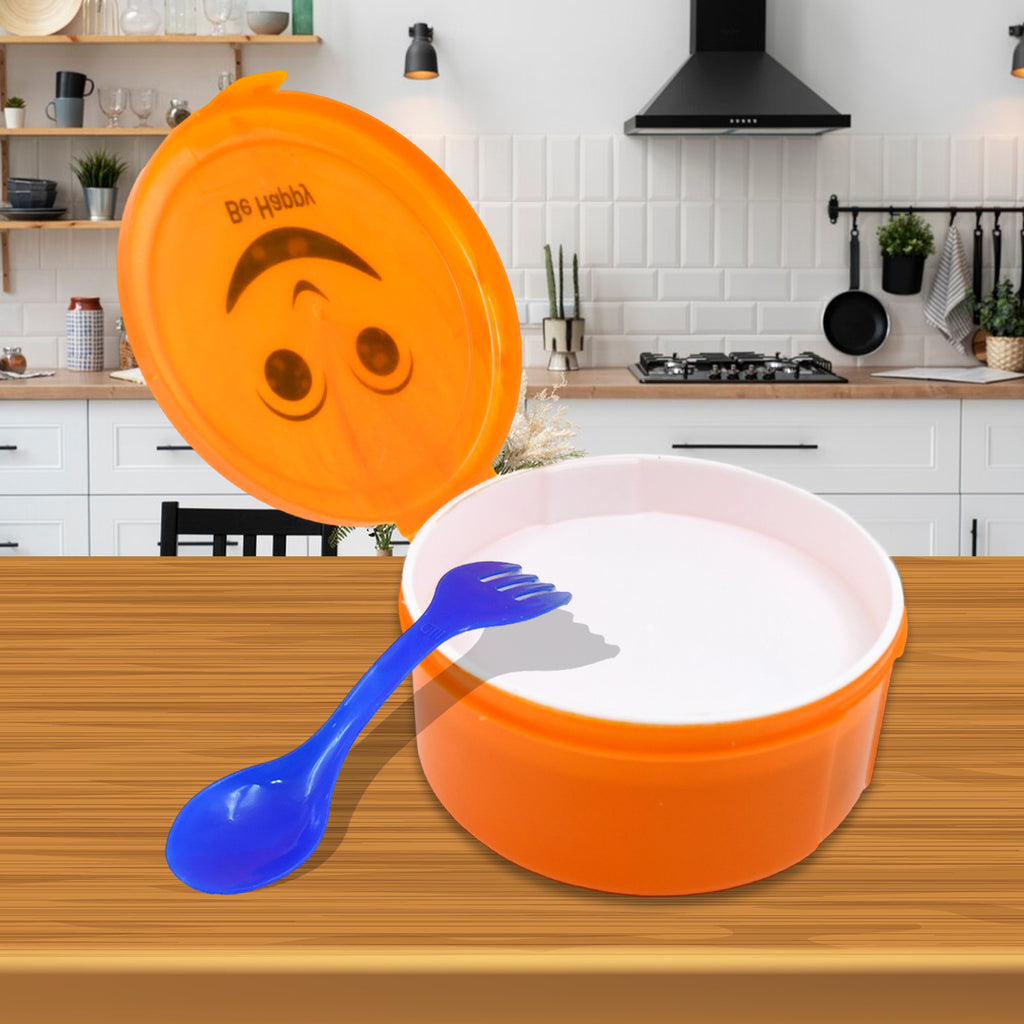 Smily Lunch Box for Kids – 2 Compartment Round Tiffin with 2-in-1 Spoon (400ml, Multicolour)