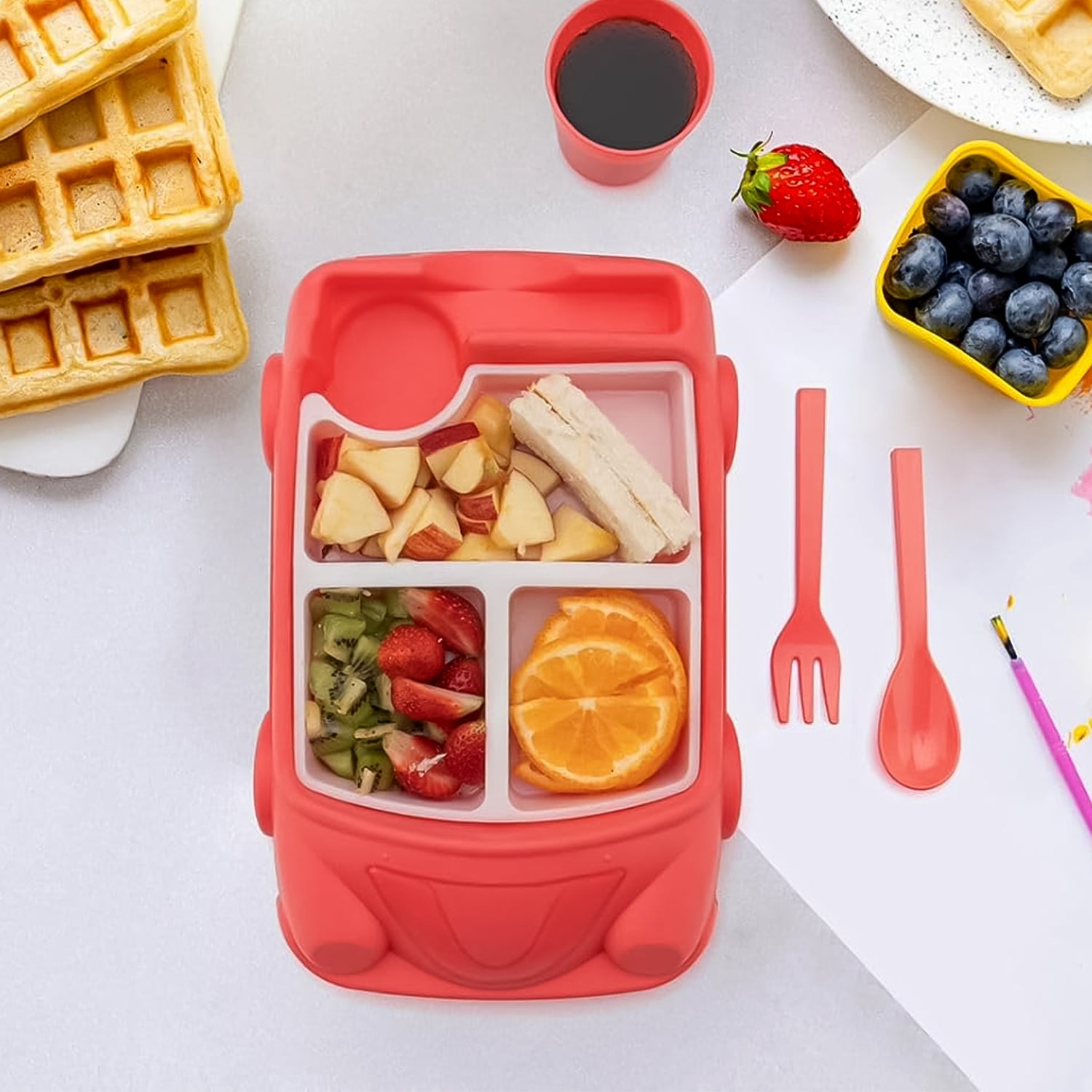 Kid's Car-Shaped Plates Cup & Lunch Box Dinnerware Set – 4 Pc Feeding Tableware with Spoon & Fork | 1000 ML