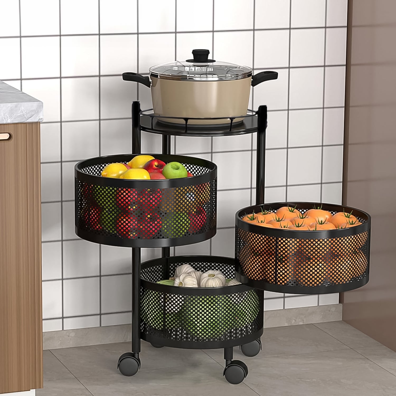 Metal Round High-Quality Kitchen Trolley – 4 Layer Rotating Rack with Wheels